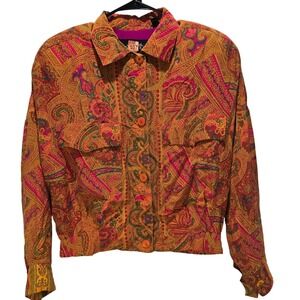 Vintage Ellen Tracy 100% Silk Paisley Cropped Jacket Size 4 Orange Pink